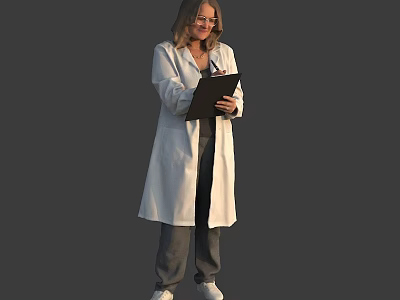Woman Standing in White Lab Coat Holding Clipboard Against Gray Background 3d model