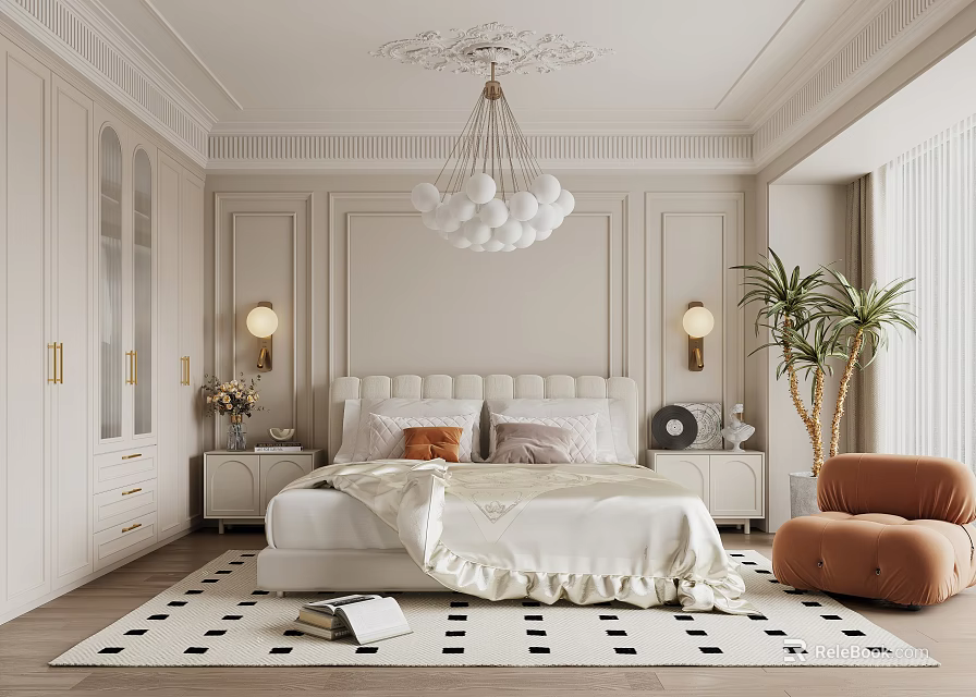 Elegant Bedroom With Tufted Headboard Cream Bedding White Ball Chandelier Orange Armchair Black White Pattern Rug 3d model 
