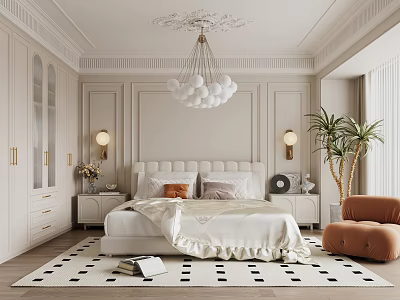 Elegant Bedroom With Tufted Headboard Cream Bedding White Ball Chandelier Orange Armchair Black White Pattern Rug 3d model