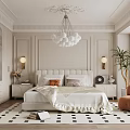 Elegant Bedroom With Tufted Headboard Cream Bedding White Ball Chandelier Orange Armchair Black White Pattern Rug