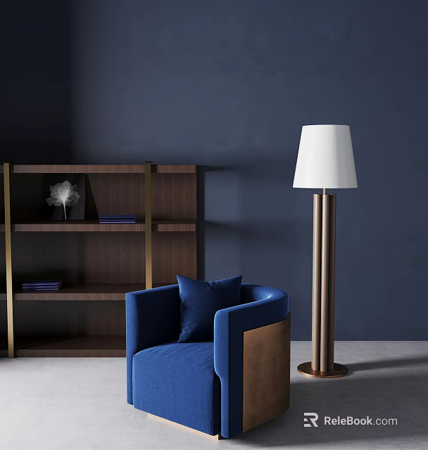 Blue Single Sofa With Navy Blue Cushion In Dark Blue Wall And Walnut Bookshelf 3d model 