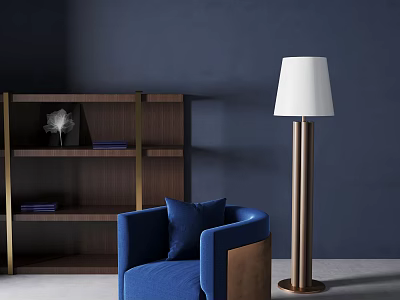 Blue Single Sofa With Navy Blue Cushion In Dark Blue Wall And Walnut Bookshelf 3d model