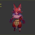 Red Mythical Fox Character With Pointed Ears Golden Belt And Pink Ruffled Collar