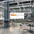 Modern Café Design with Metal Grid Columns Open Bar Gray Walls and Wooden Metal Seating