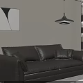 Black Leather Two Seater Sofa In Living Room With Abstract Painting Floor Lamp And Bookshelf
