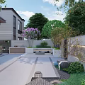 Scenic Courtyard Feature Wall With Lush Green Plants Stone Steps And Outdoor Seating