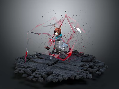 3D Character Model Scene With Shattered Geometric Shapes Red Lines And Stone Platform Base 3d model