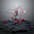 3D Character Model Scene With Shattered Geometric Shapes Red Lines And Stone Platform Base