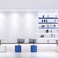 Modern Bright Minimalist Office Reception With Circular Ceiling Lights And Blue Gradient Accent Wall