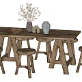 Wooden Dining Table Set with Long Table Matching Stools Vases Bowl and Dried Flowers