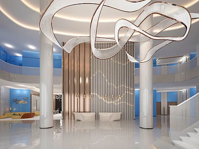 Modern Hotel Lobby Interior With Artistic Chandelier White Columns Wooden Panel Wall And Marble Floor 3d model