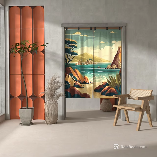 Decorative Curtain with Scenic Mountain Sea Rock and Tree Design in Modern Interior Space 3d model 