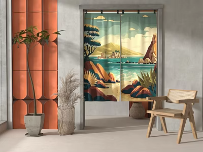 Decorative Curtain with Scenic Mountain Sea Rock and Tree Design in Modern Interior Space 3d model