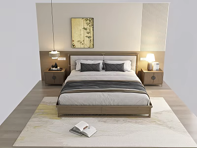 Modern Double Bed in Bedroom with Nightstands Table Lamps Wall Art and Rug 3d model