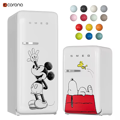 SMEG Retro Kitchen Refrigerators With Mickey Mouse Snoopy Designs And Color Options 3d model