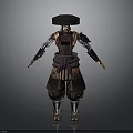 Traditional Armored Warrior Character With Decorative Helmet And Detailed Armor Design Standing Pose