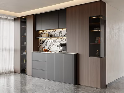 Modern Wooden Sideboard With Gray Cabinets Drawers Open Shelves And Decorative Items 3d model