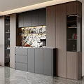 Modern Wooden Sideboard With Gray Cabinets Drawers Open Shelves And Decorative Items