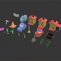 Cartoon Scene With Colorful Houses Blue Trucks Red Boat And Traffic Cones