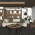 Modern Living Room Interior Design With White Sofa Wooden Bookshelves Coffee Table And Area Rug