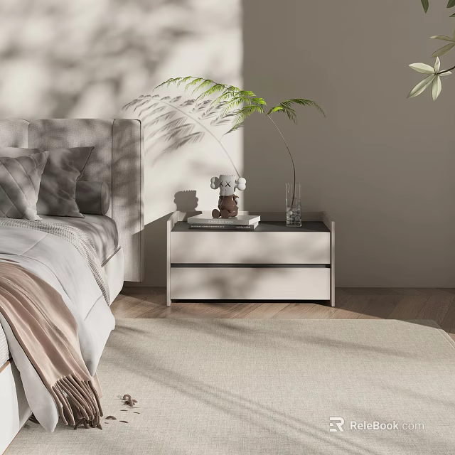 Modern Bedroom Interior With Stylish Bedside Table Vase Plant And Decorative Figure 3d model 