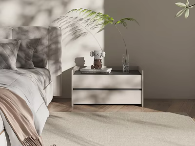 Modern Bedroom Interior With Stylish Bedside Table Vase Plant And Decorative Figure 3d model