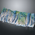 Mountainous Terrain With Blue Gray Rocky Layers Canyon Green Vegetation And Textured Surface