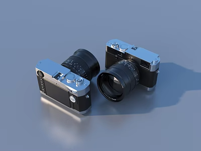 Vintage Silver Black Cameras With Lenses On Blue Surface Design 3d model