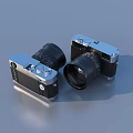 Vintage Silver Black Cameras With Lenses On Blue Surface Design