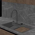 Modern Kitchen Sink With Silver Faucet Gray Marble Countertop And Wooden Cutting Board