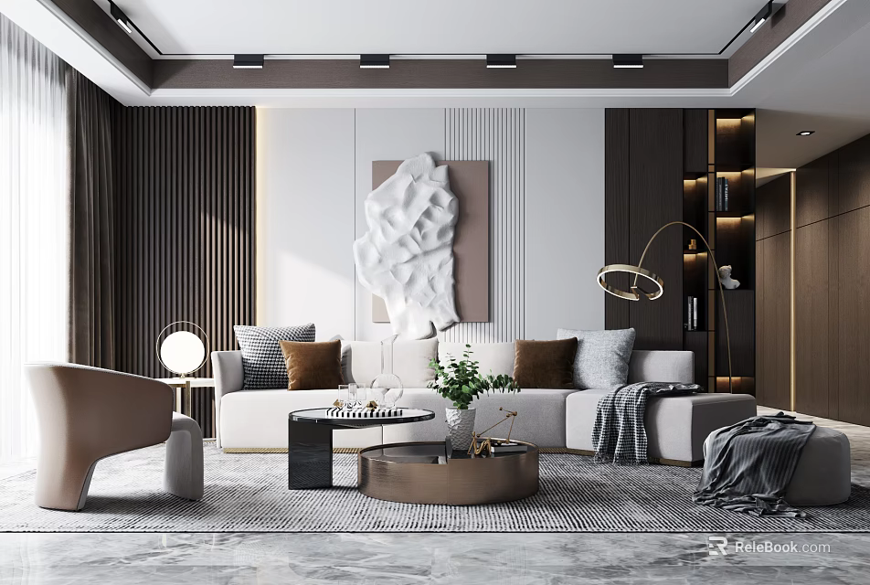 Elegant Modern Living Room Interior Design With Sofa Coffee Table And Decorative Art 3d model 