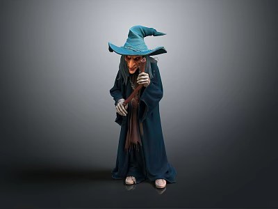 Mystical Wizard Figure In Blue Robe With Pointed Hat And Wand 3d model