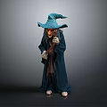 Mystical Wizard Figure In Blue Robe With Pointed Hat And Wand