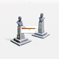 Two Detailed Gray Bust Statues on Square Pedestals Against White Background