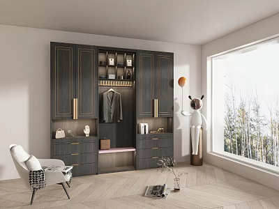 Modern Dark Shoe Cabinet with Golden Handles Drawers Clothing Rack and Bench 3d model