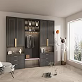 Modern Dark Shoe Cabinet with Golden Handles Drawers Clothing Rack and Bench