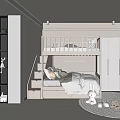 Modern Minimalist Children's Room Interior with Bunk Bed Storage Stairs Open Shelves and Plush Toys