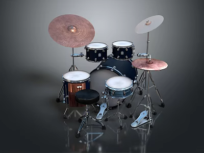 Drum Set Musical Instrument With Black Shells White Heads Colored Cymbals And Pedals 3d model