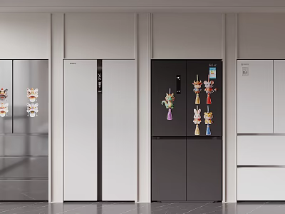 Modern Refrigerators and Freezers with Various Designs and Decorative Items in Kitchen 3d model