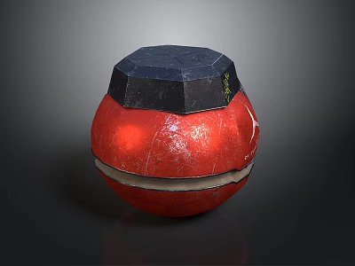 Red Spherical Weapon With Black Hexagonal Top And Textured Surface 3d model