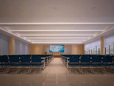Modern Conference Room Interior Design With Blue Seats Large Screen And Ceiling Lighting 3d model