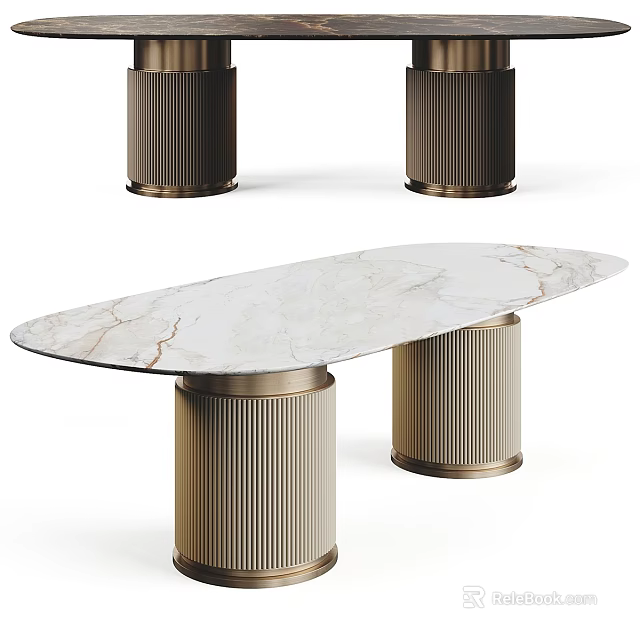 Elegant Modern Dining Table With White Marble Top And Brass Striped Legs 3d model 