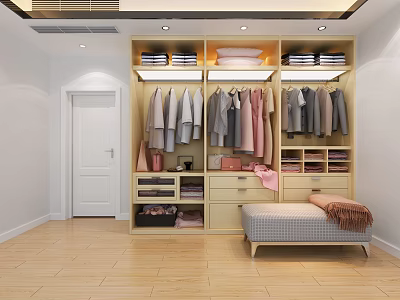 Modern Wooden Wardrobe With Hanging Folded Clothes Drawers And Bench In Bright Room 3d model