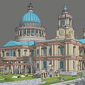 Ancient Architecture Featuring Blue Dome Yellow Main Body Two Side Towers And Green Surroundings