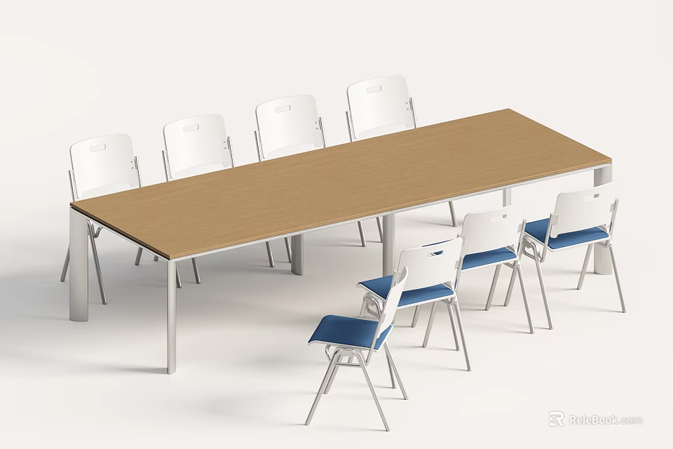 Conference Table With Brown Tabletop Silver Metal Legs White Chairs And Blue Cushions 3d model 