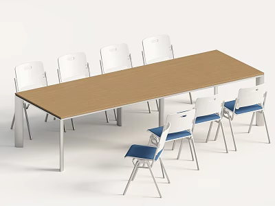 Conference Table With Brown Tabletop Silver Metal Legs White Chairs And Blue Cushions 3d model