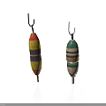 Colorful Striped Fishing Floats With Wooden Bodies And Metal Hooks