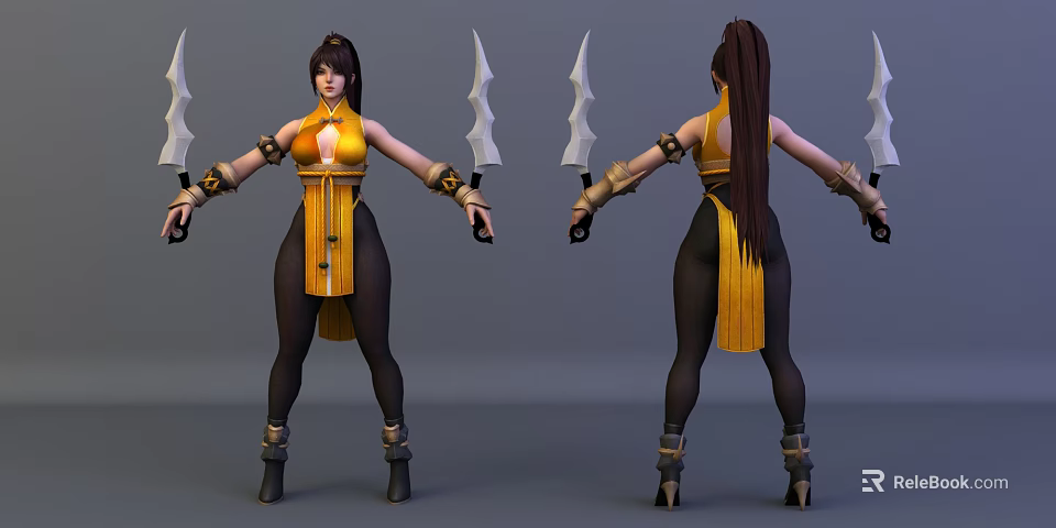 Detailed Game Character 3D Model With Yellow Outfit Black Tights Long Hair Blades And Boots 3d model 