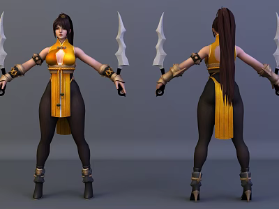 Detailed Game Character 3D Model With Yellow Outfit Black Tights Long Hair Blades And Boots 3d model
