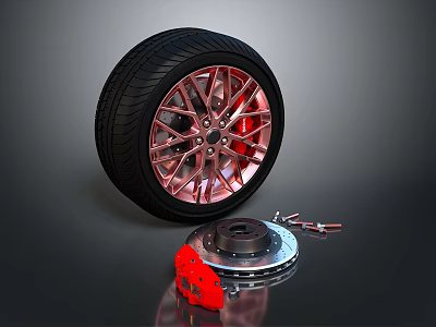 Car Wheel With Red Rim Black Tire Brake Disc And Nearby Tools 3d model